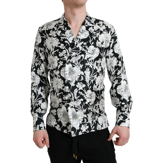 Black White Floral Button Down Casual Shirt Dolce & Gabbana