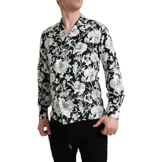 Black White Floral Button Down Casual Shirt Dolce & Gabbana