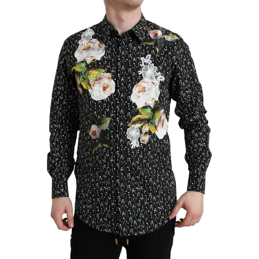 Black Floral Men Formal Dress GOLD Shirt Dolce & Gabbana