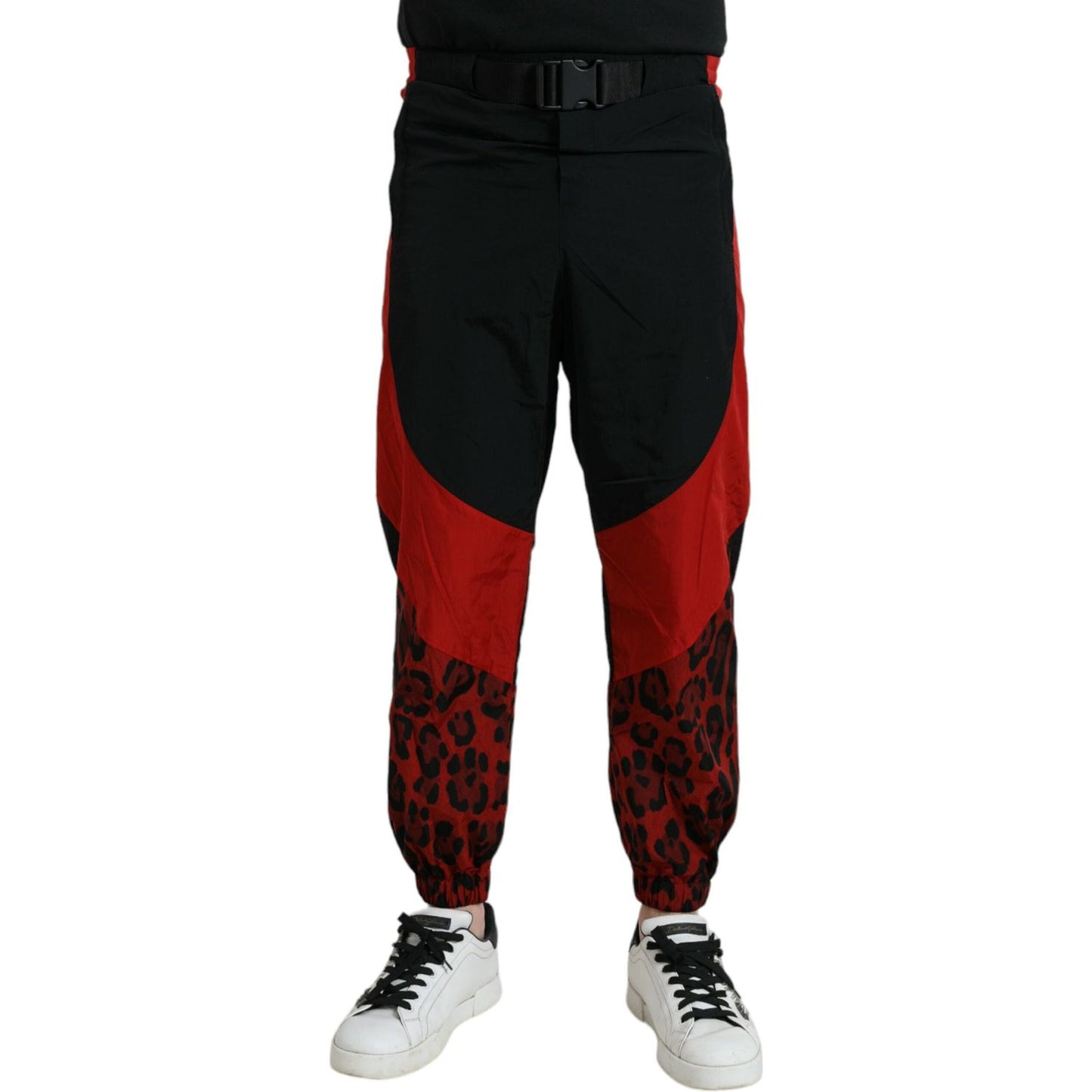 Black Red Leopard Print Nylon Jogger Pants