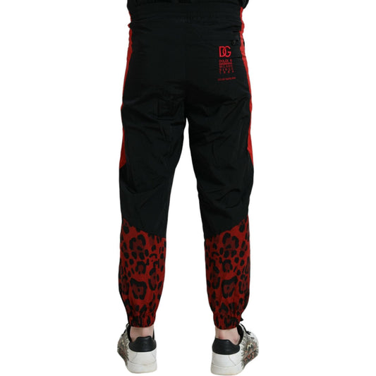 Black Red Leopard Print Nylon Jogger Pants Dolce & Gabbana