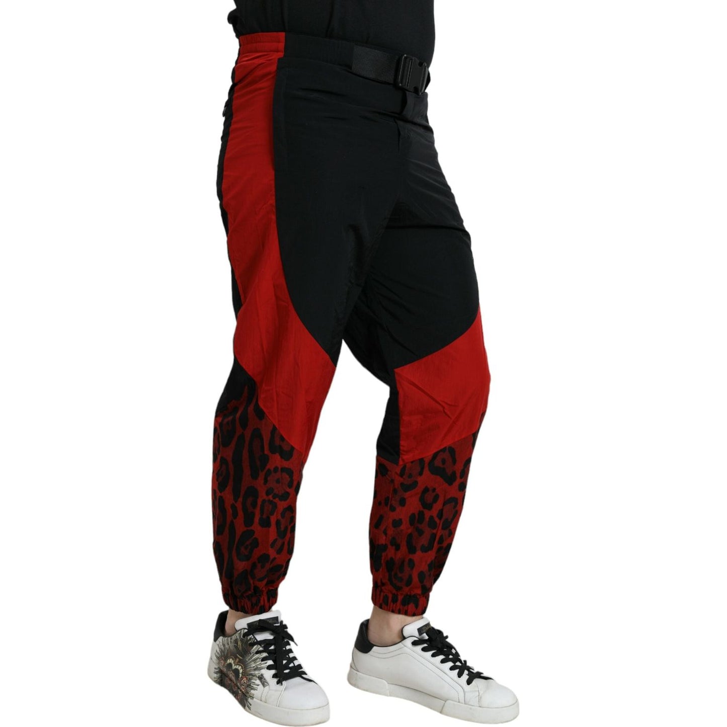 Black Red Leopard Print Nylon Jogger Pants