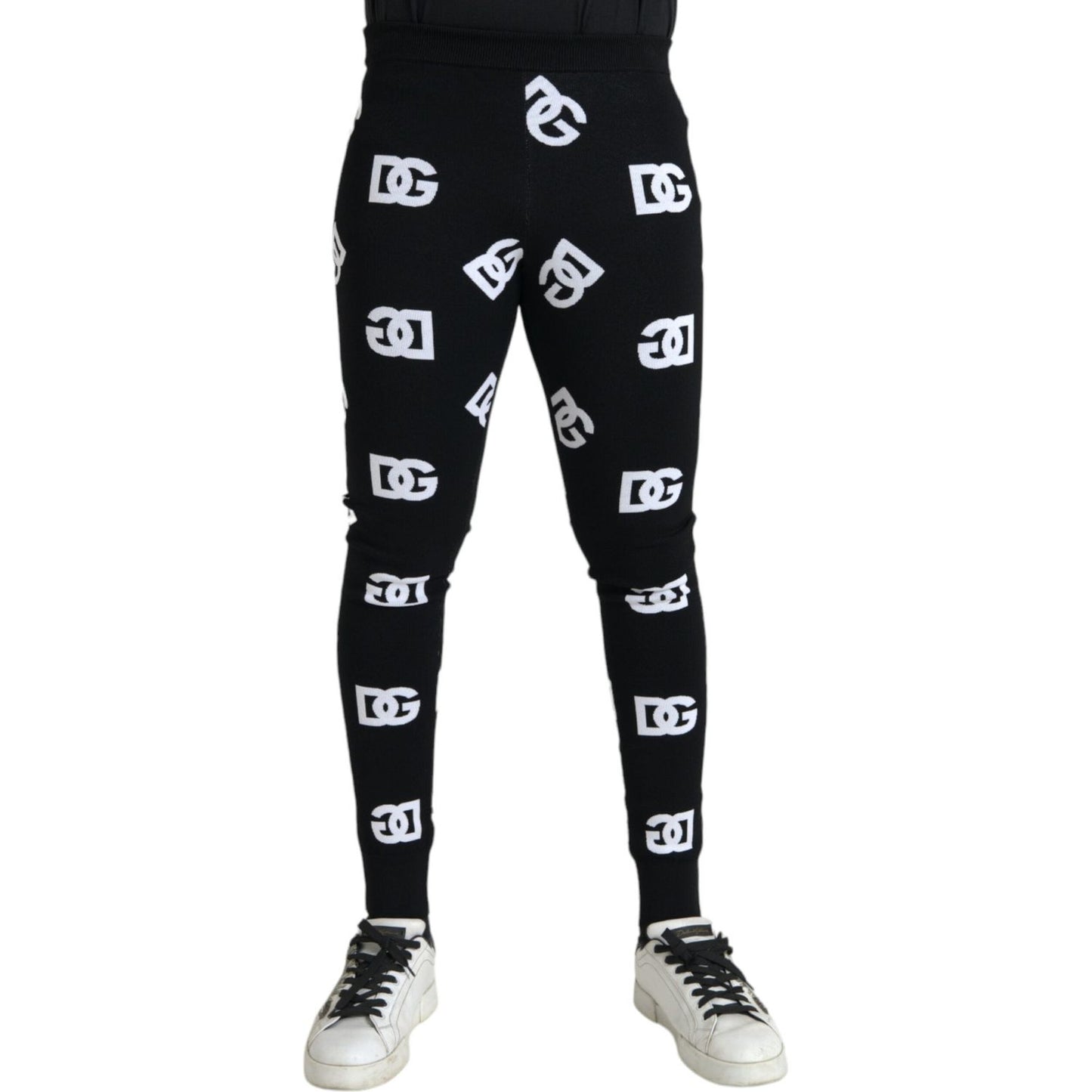 Black Viscose Skinny Men Leggings Logo Print Pants