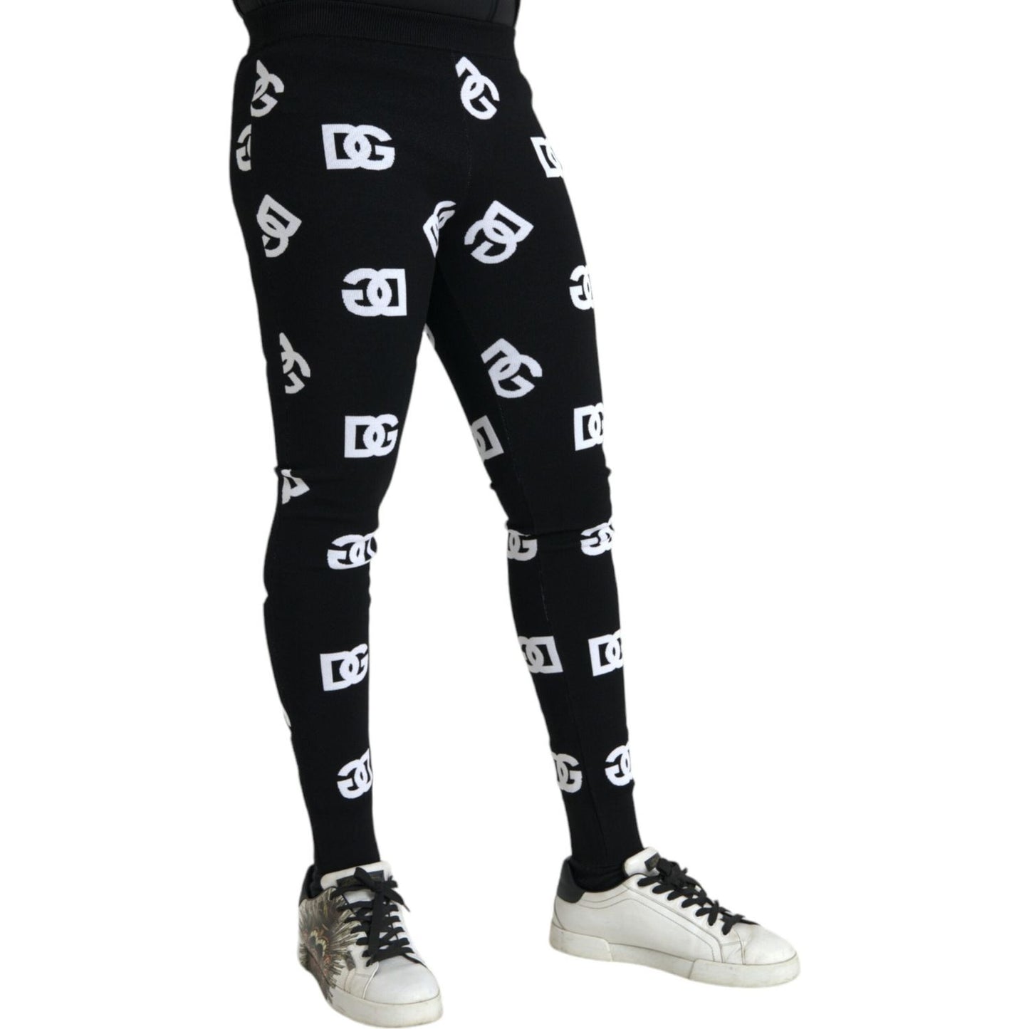 Black Viscose Skinny Men Leggings Logo Print Pants