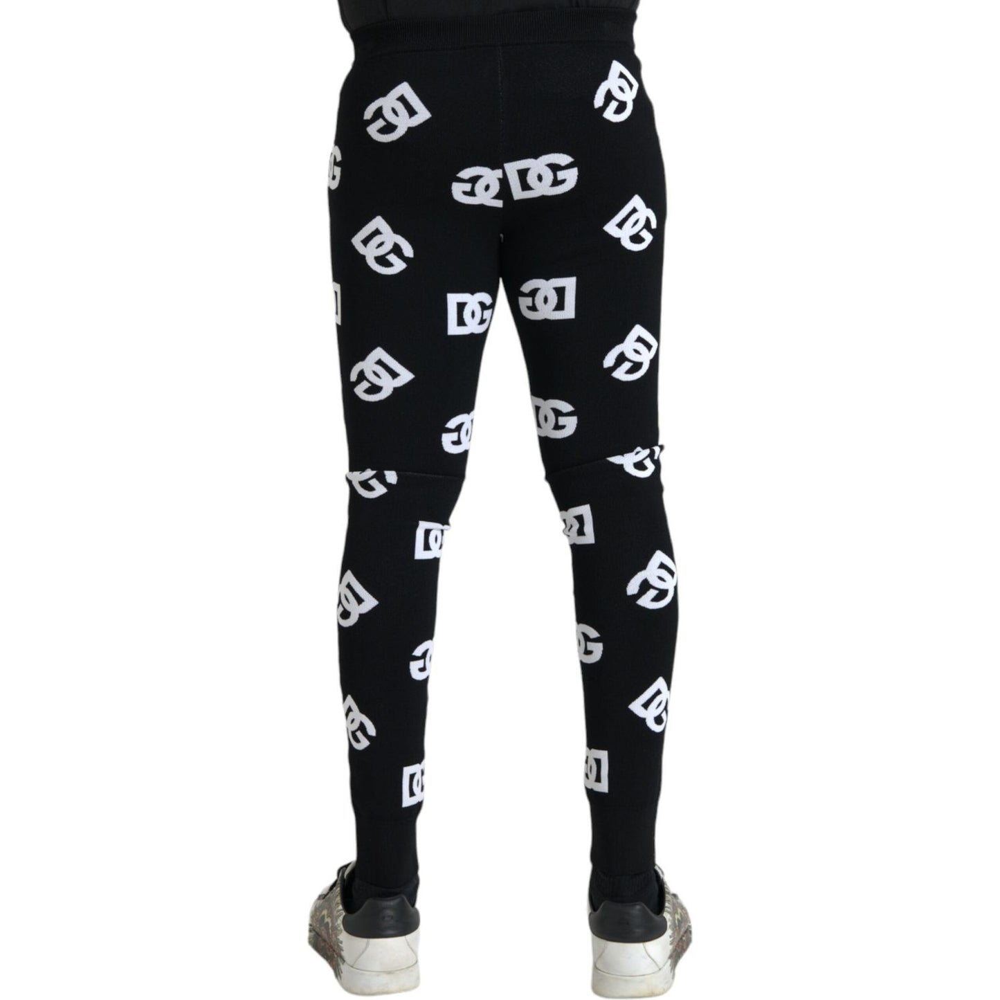 Black Viscose Skinny Men Leggings Logo Print Pants