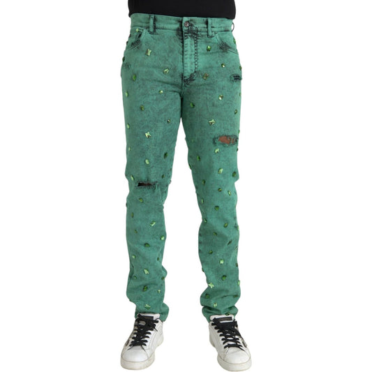 Green Crystals Cotton Stretch Slim Jeans Dolce & Gabbana