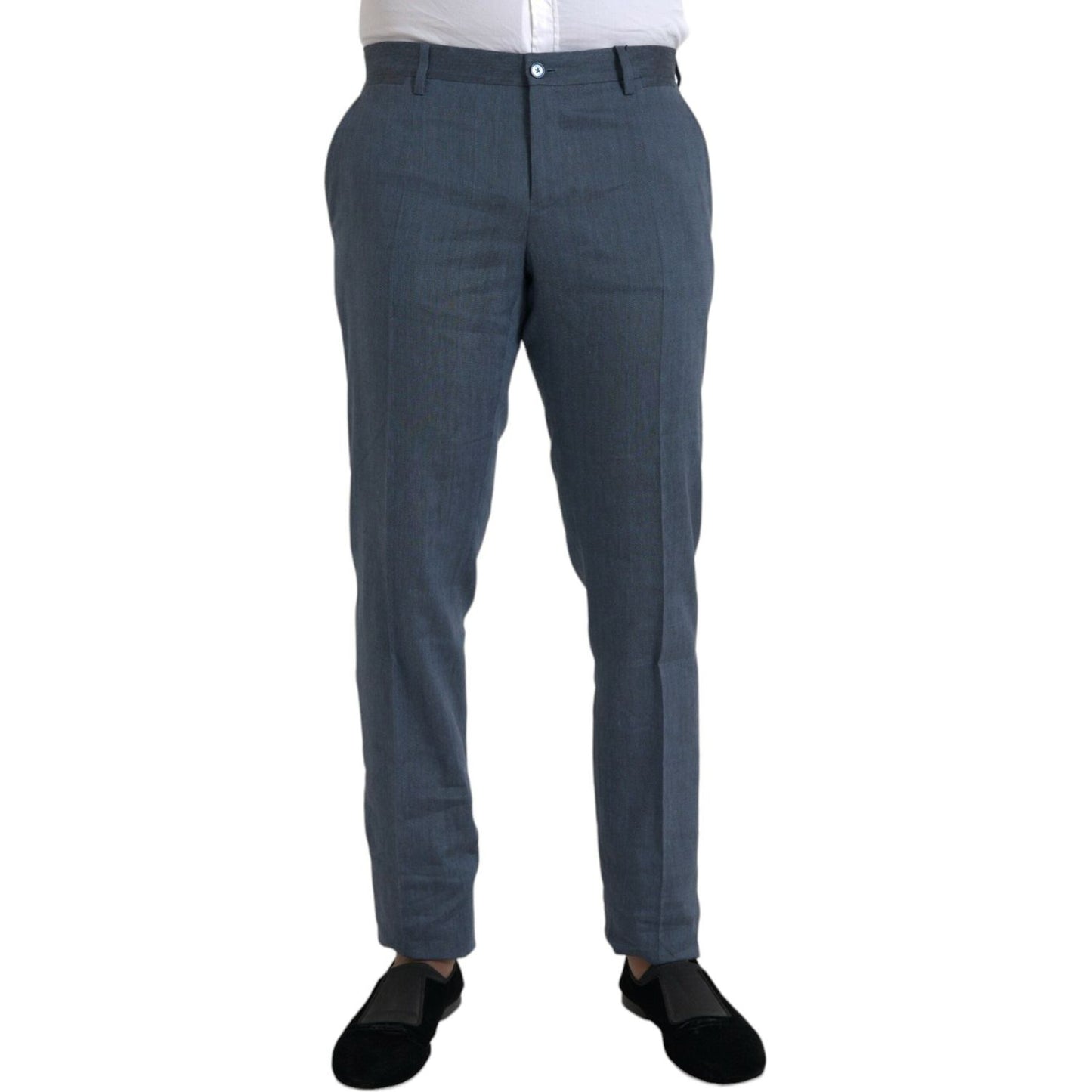 Blue Linen Silk Skinny Dress Pants