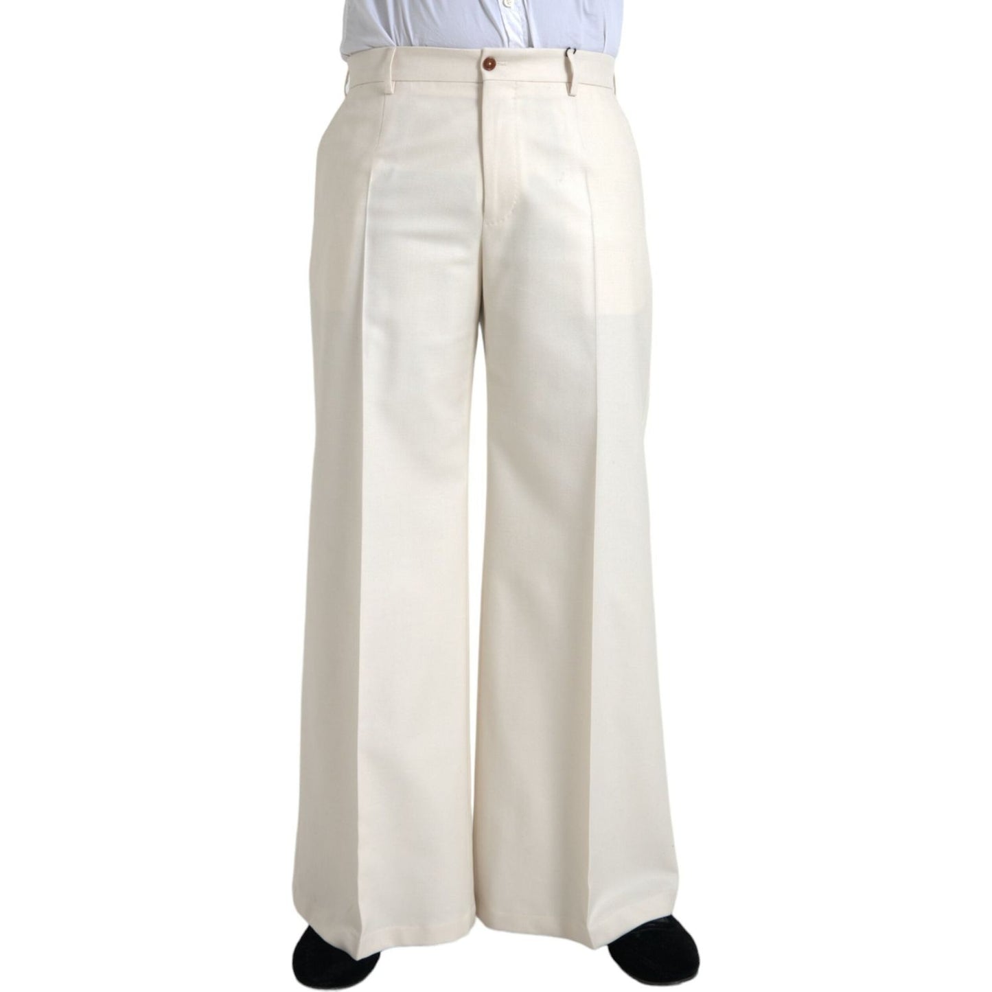 White Wool Wide Leg Mid Waist Pants