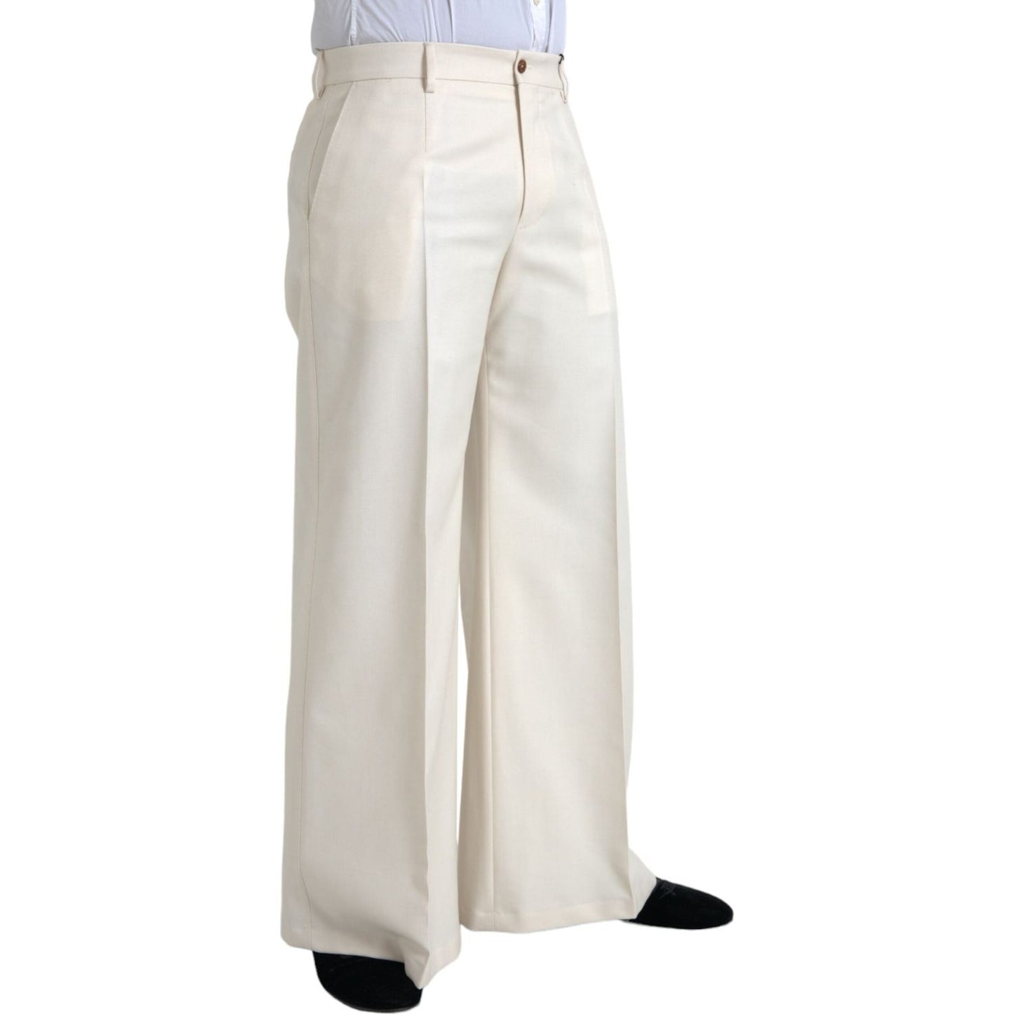 White Wool Wide Leg Mid Waist Pants