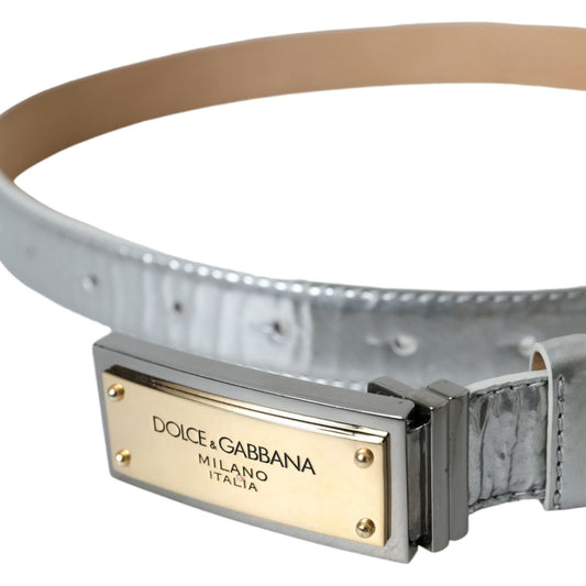 Silver Leather Metal Logo Buckle Belt Men