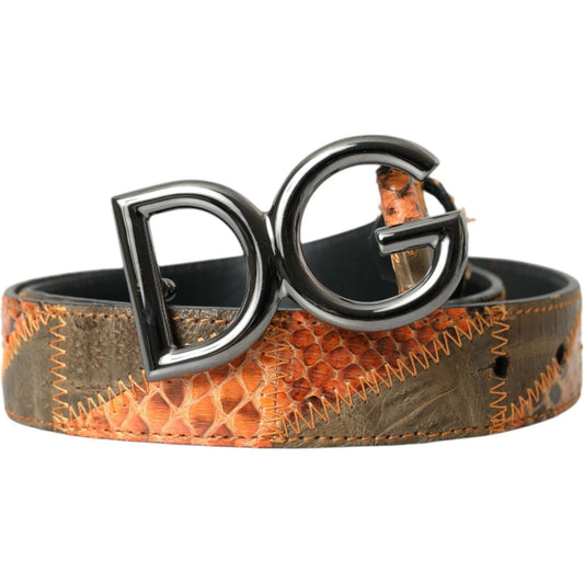 Patchwork Python Leather Logo Buckle Belt Men