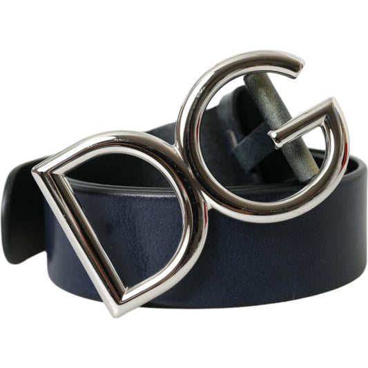 Blue Leather Silver Metal Logo Buckle Belt Men