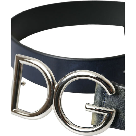 Blue Leather Silver Metal Logo Buckle Belt Men