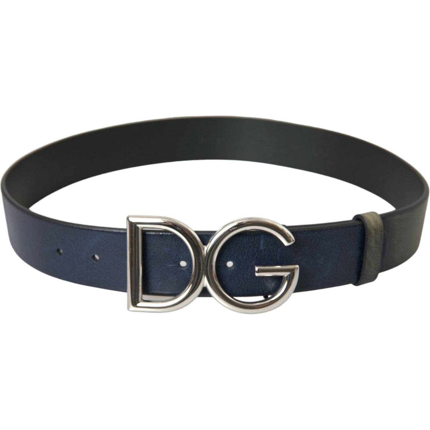 Blue Leather Silver Metal Logo Buckle Belt Men