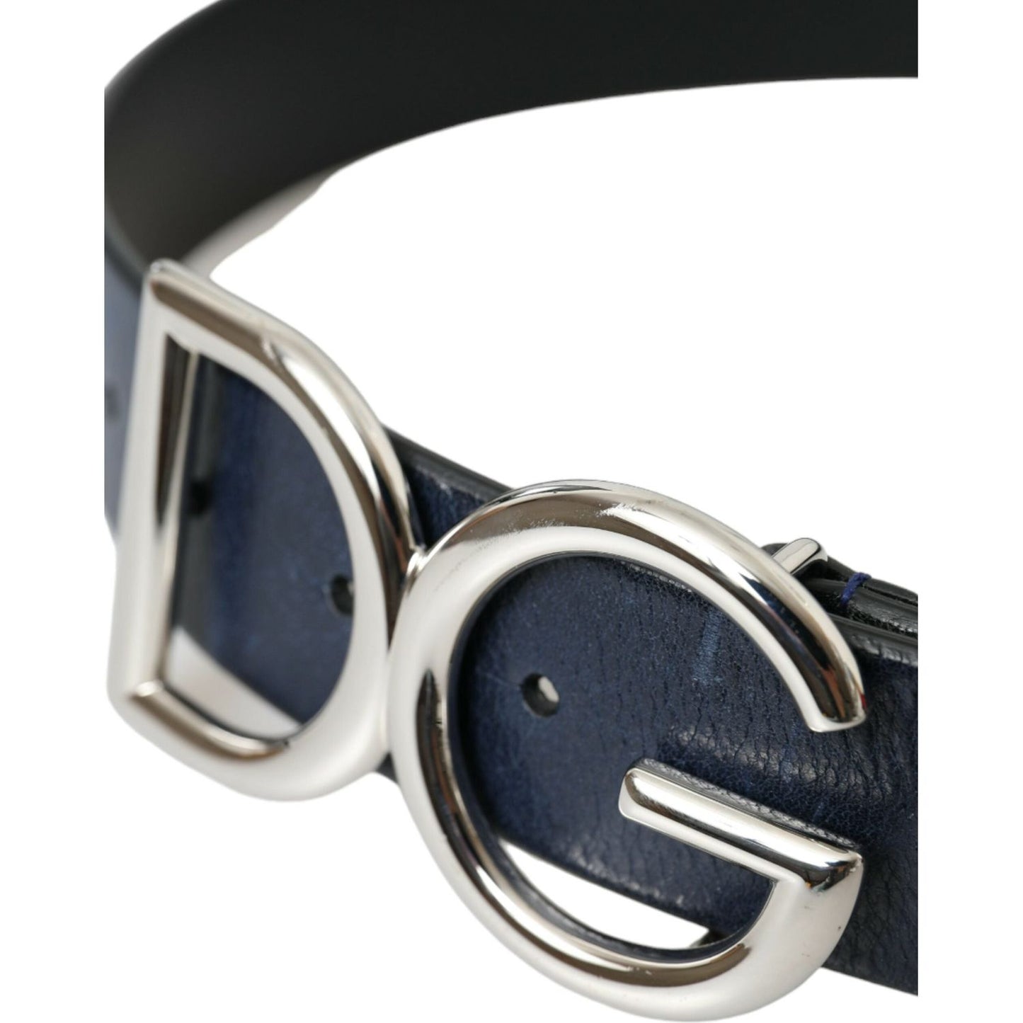 Blue Leather Silver Metal Logo Buckle Belt Men