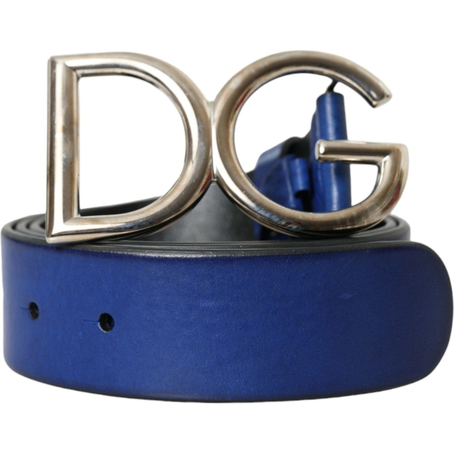 Blue Leather Silver Metal Logo Buckle Belt Men