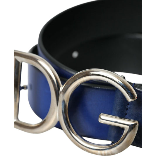 Blue Leather Silver Metal Logo Buckle Belt Men