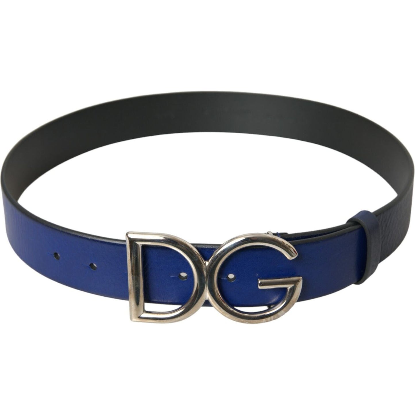 Blue Leather Silver Metal Logo Buckle Belt Men