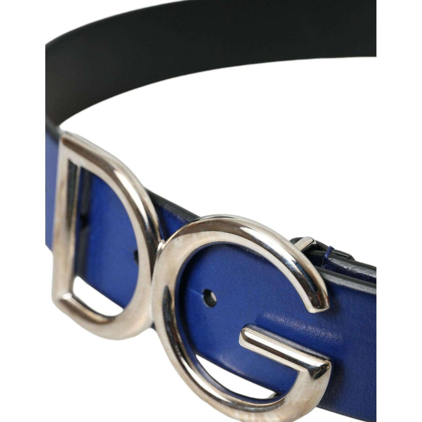 Blue Leather Silver Metal Logo Buckle Belt Men