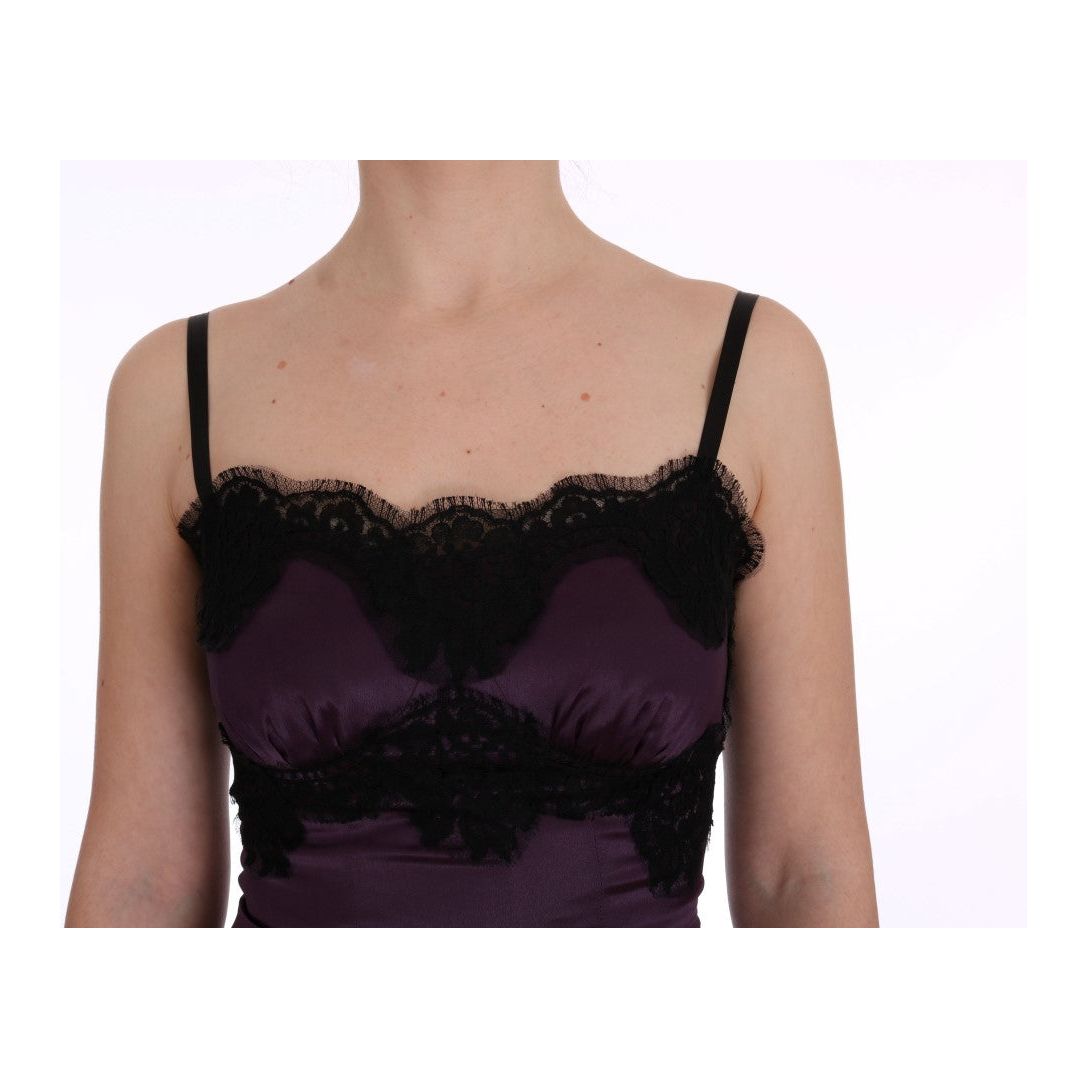 Dolce & Gabbana Elegant Purple Silk Lace Shift Dress purple-silk-stretch-black-lace-dress