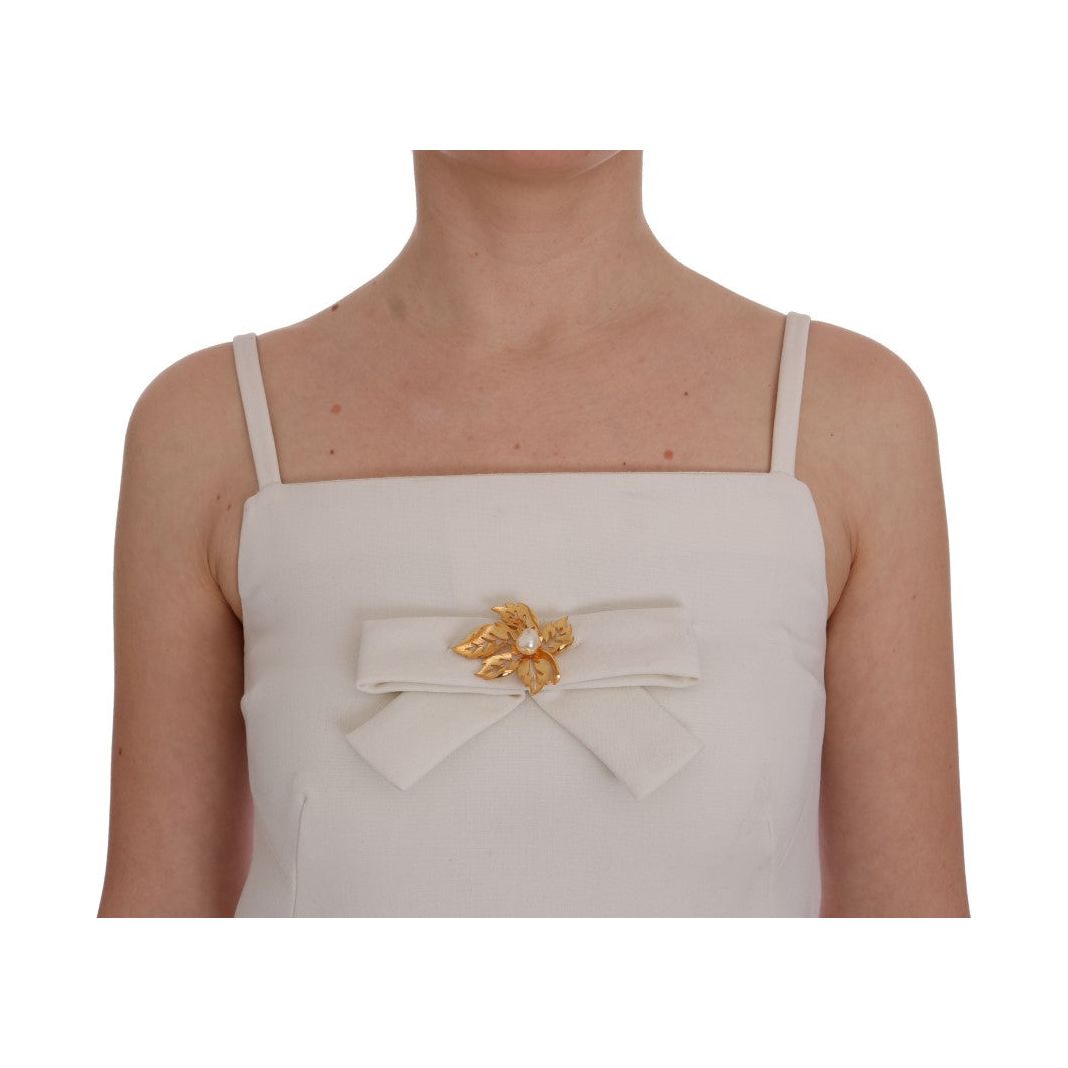 Dolce & Gabbana Elegant White Wool Shift Dress with Gold Brooch white-wool-stretch-brooch-shift-dress