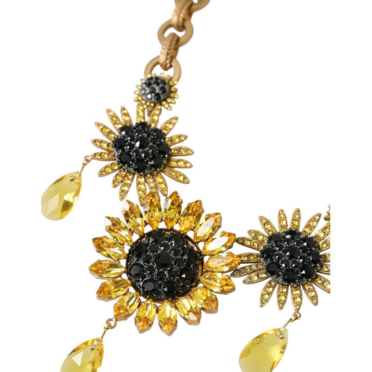 Gold Tone Brass Sunflower Crystal Embellished Necklace