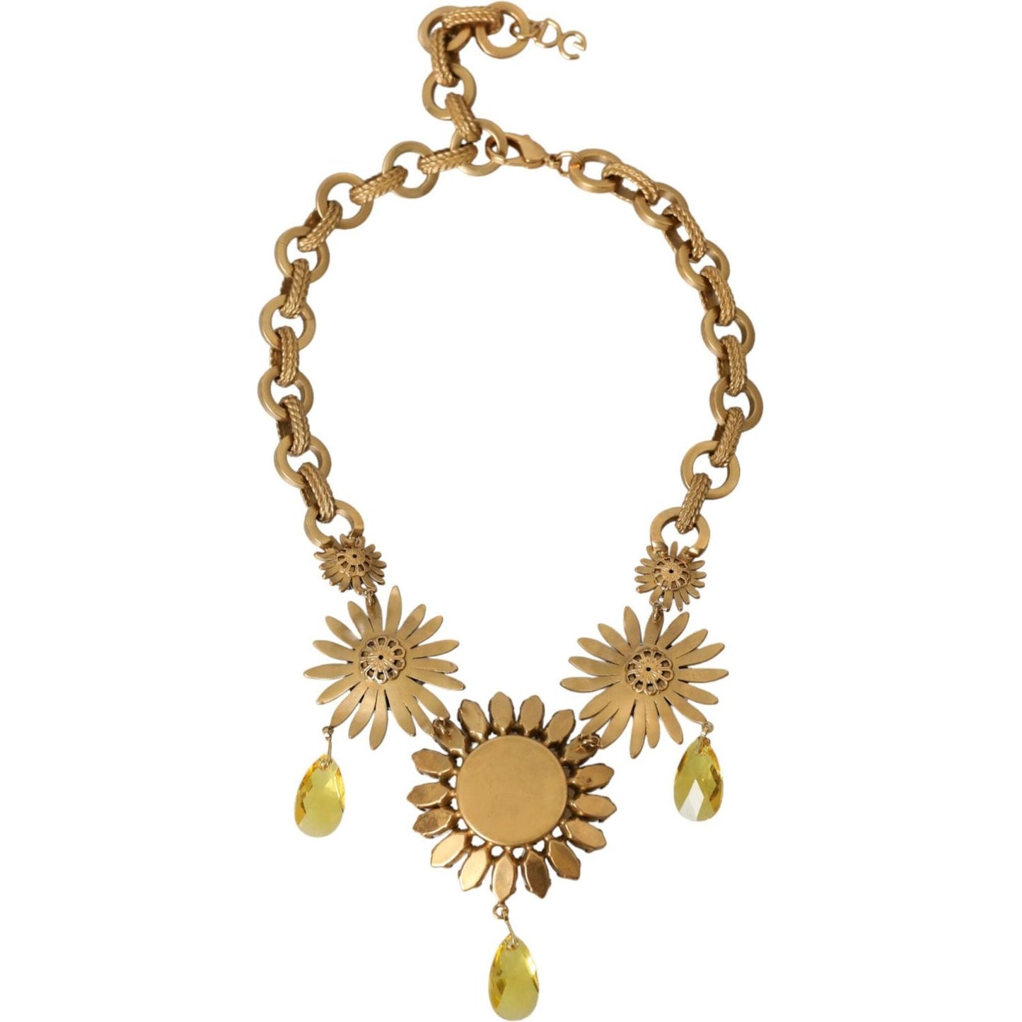 Gold Tone Brass Sunflower Crystal Embellished Necklace