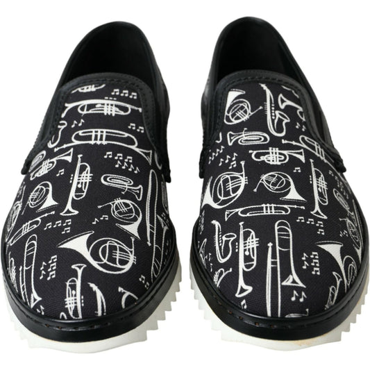 Black Instrument Print Slip On Loafers Shoes