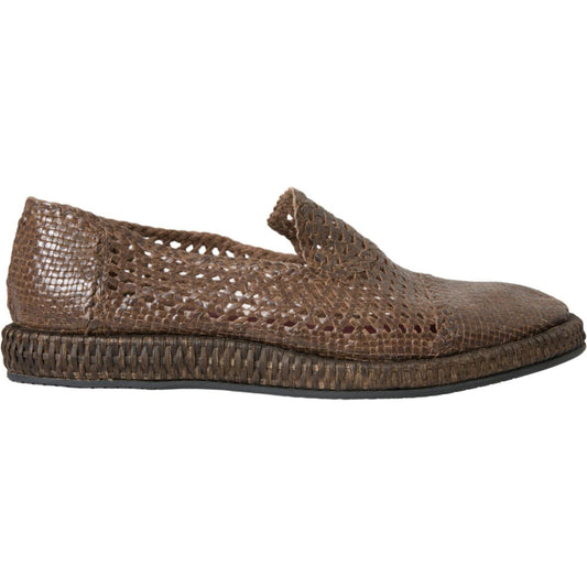 Brown Woven Leather Loafers Casual Shoes