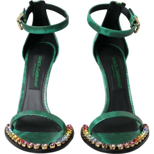 Green Exotic Leather Crystal Sandals Shoes