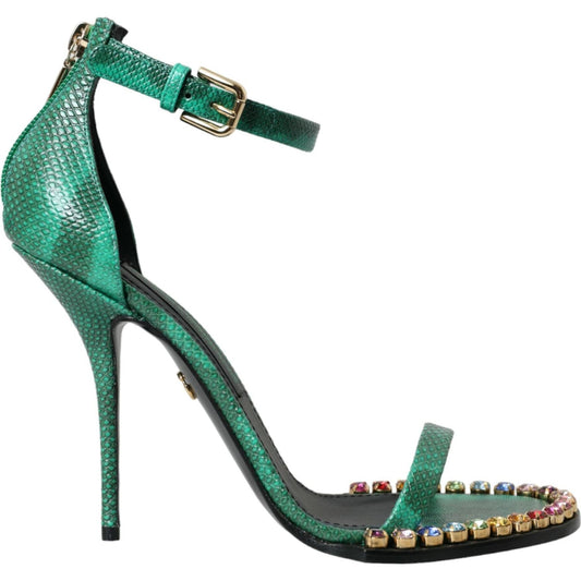 Green Exotic Leather Crystal Sandals Shoes