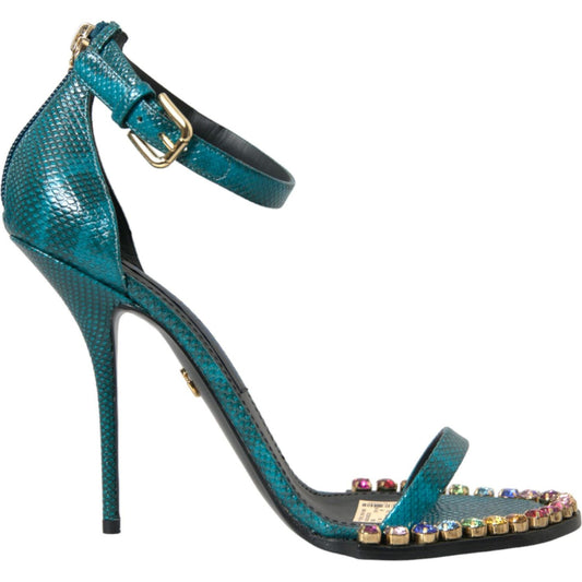 Dolce & Gabbana Blue Exotic Leather Crystal Sandals Shoes Dolce & Gabbana