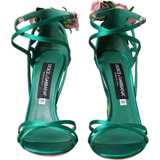 Green Flower Satin Heels Sandals Shoes