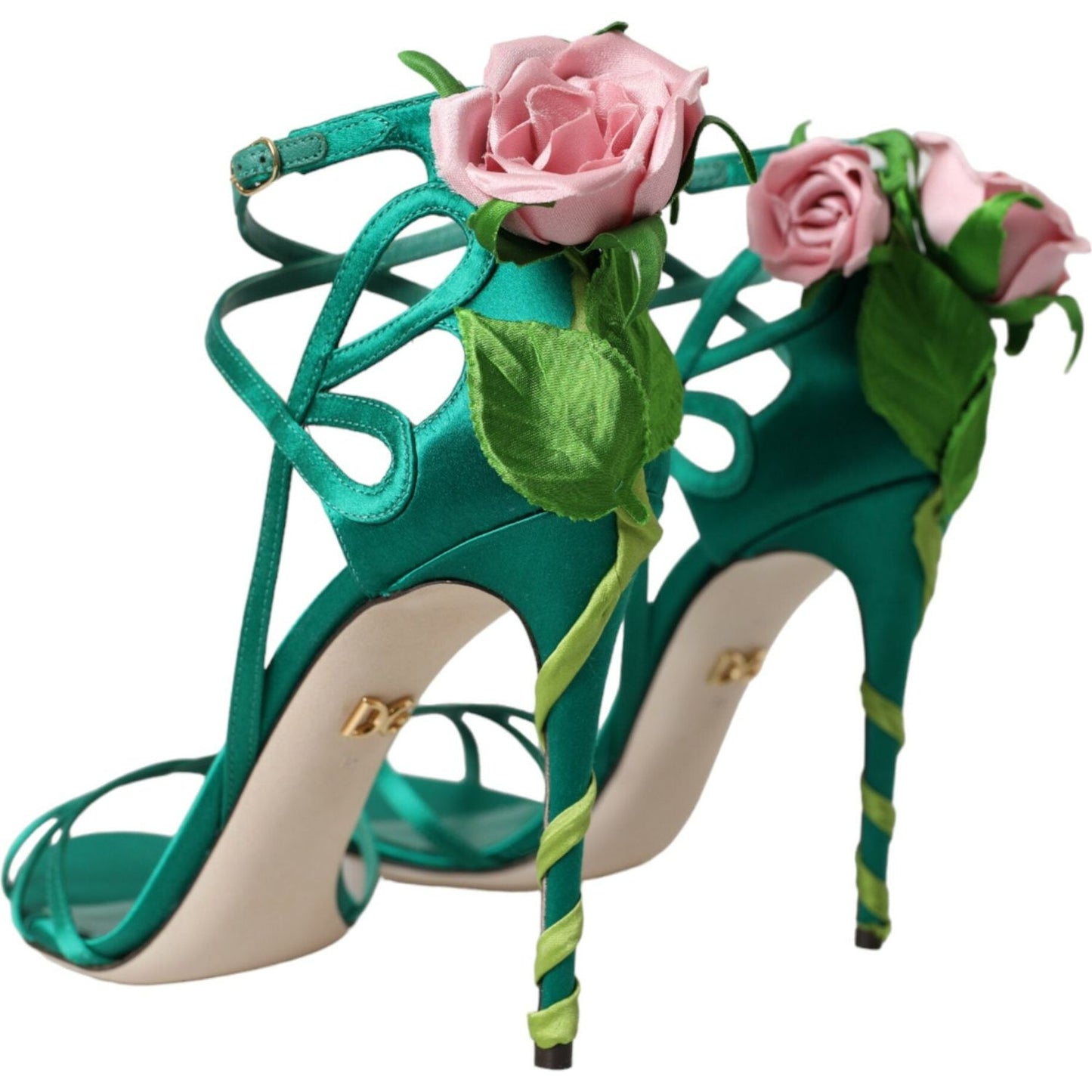 Green Flower Satin Heels Sandals Shoes