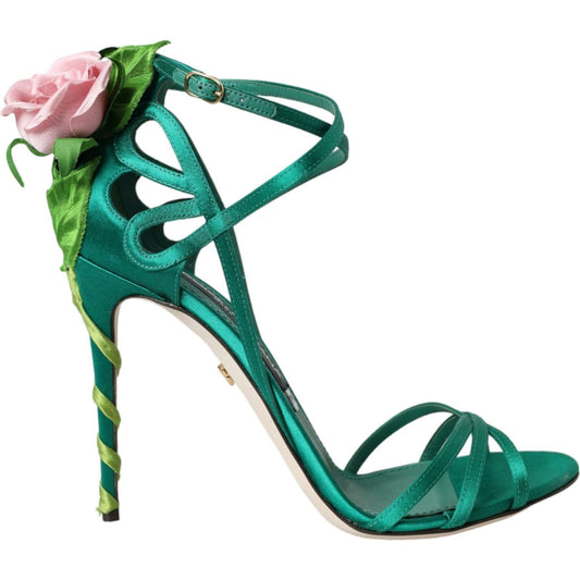 Green Flower Satin Heels Sandals Shoes