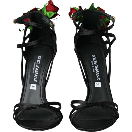 Black Flower Satin Heels Sandals Shoes