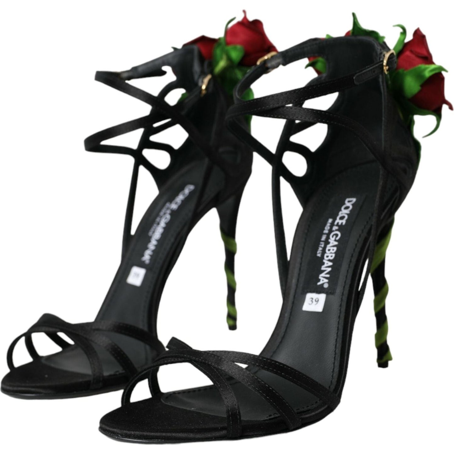 Black Flower Satin Heels Sandals Shoes