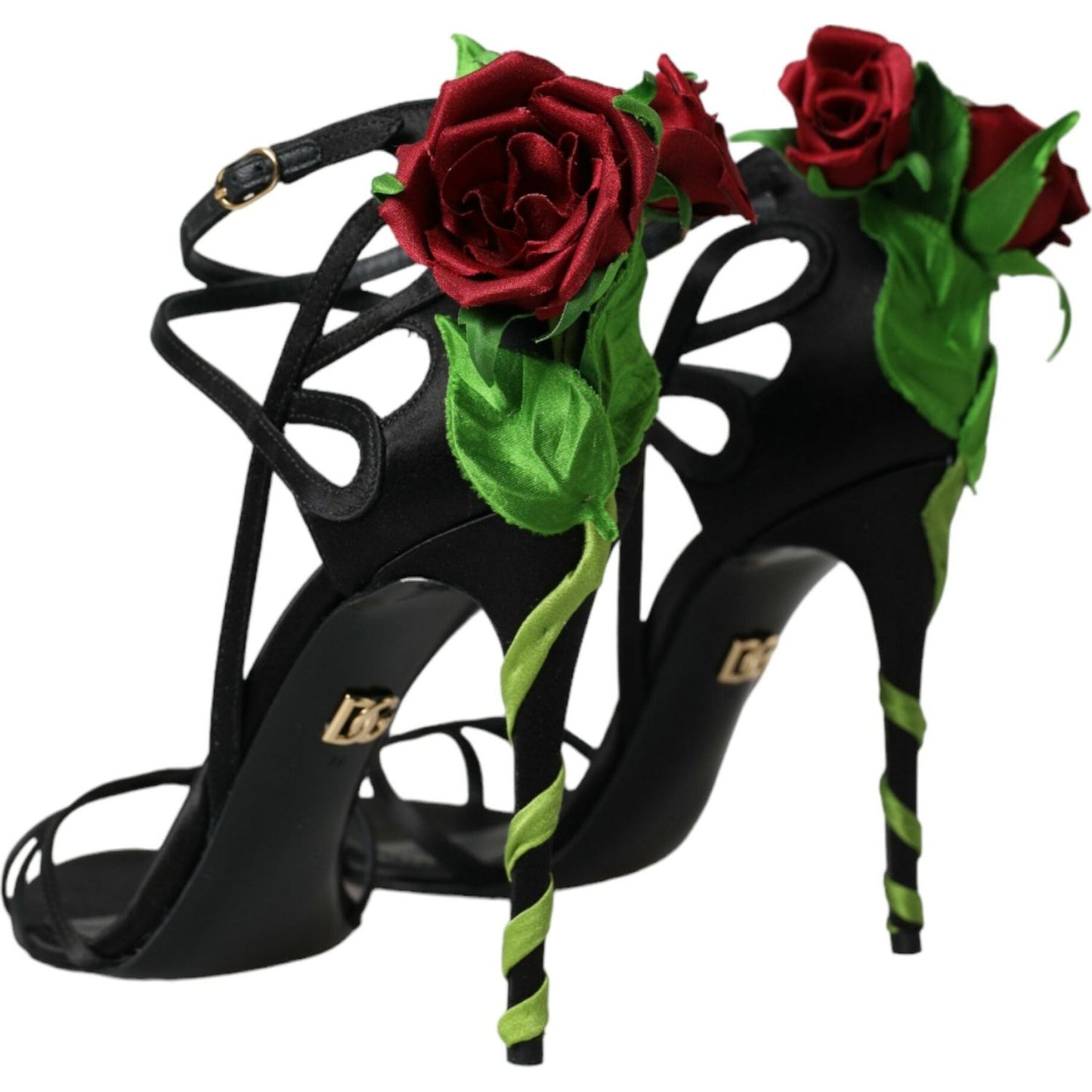 Black Flower Satin Heels Sandals Shoes