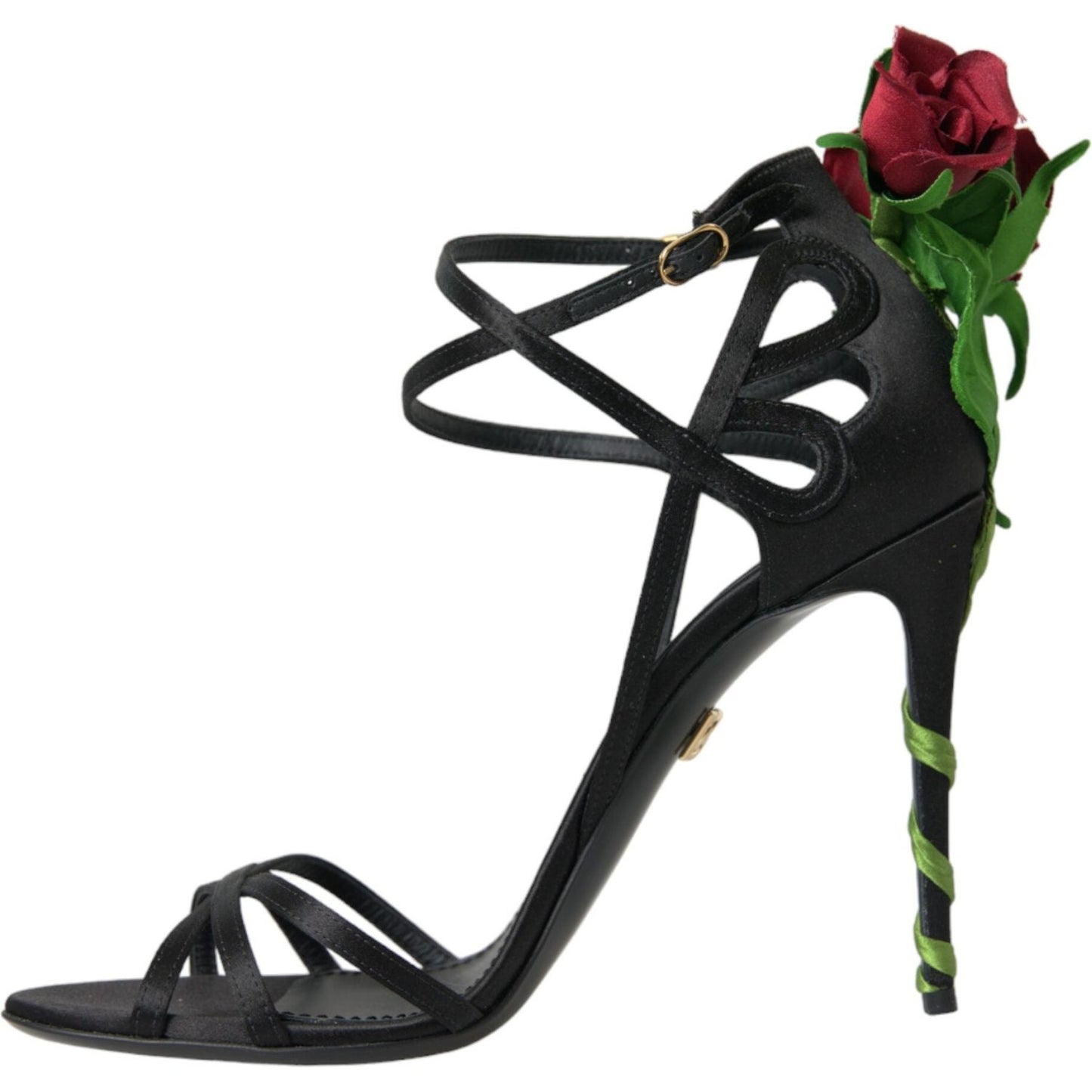 Black Flower Satin Heels Sandals Shoes