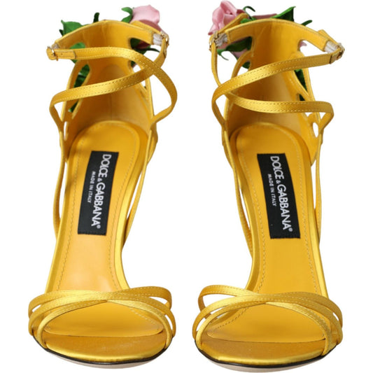 Yellow Flower Satin Heels Sandals Shoes