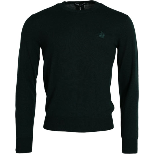 Dark Green Crown Crew Neck Pullover Sweater