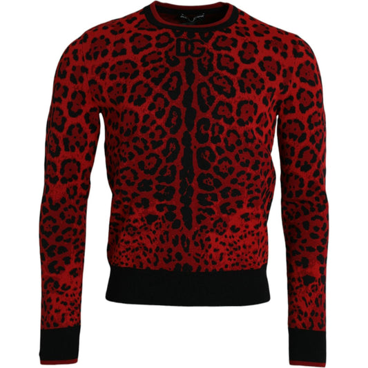 Red Leopard Wool Crew Neck Pullover Sweater