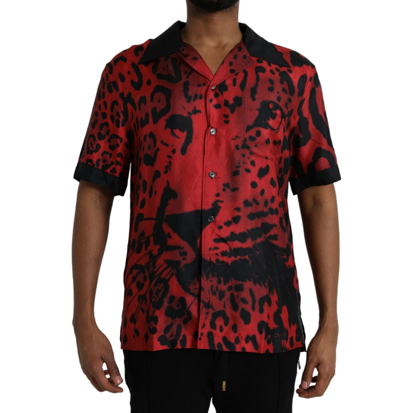 Red Leopard Silk Button Down Casual Shirt