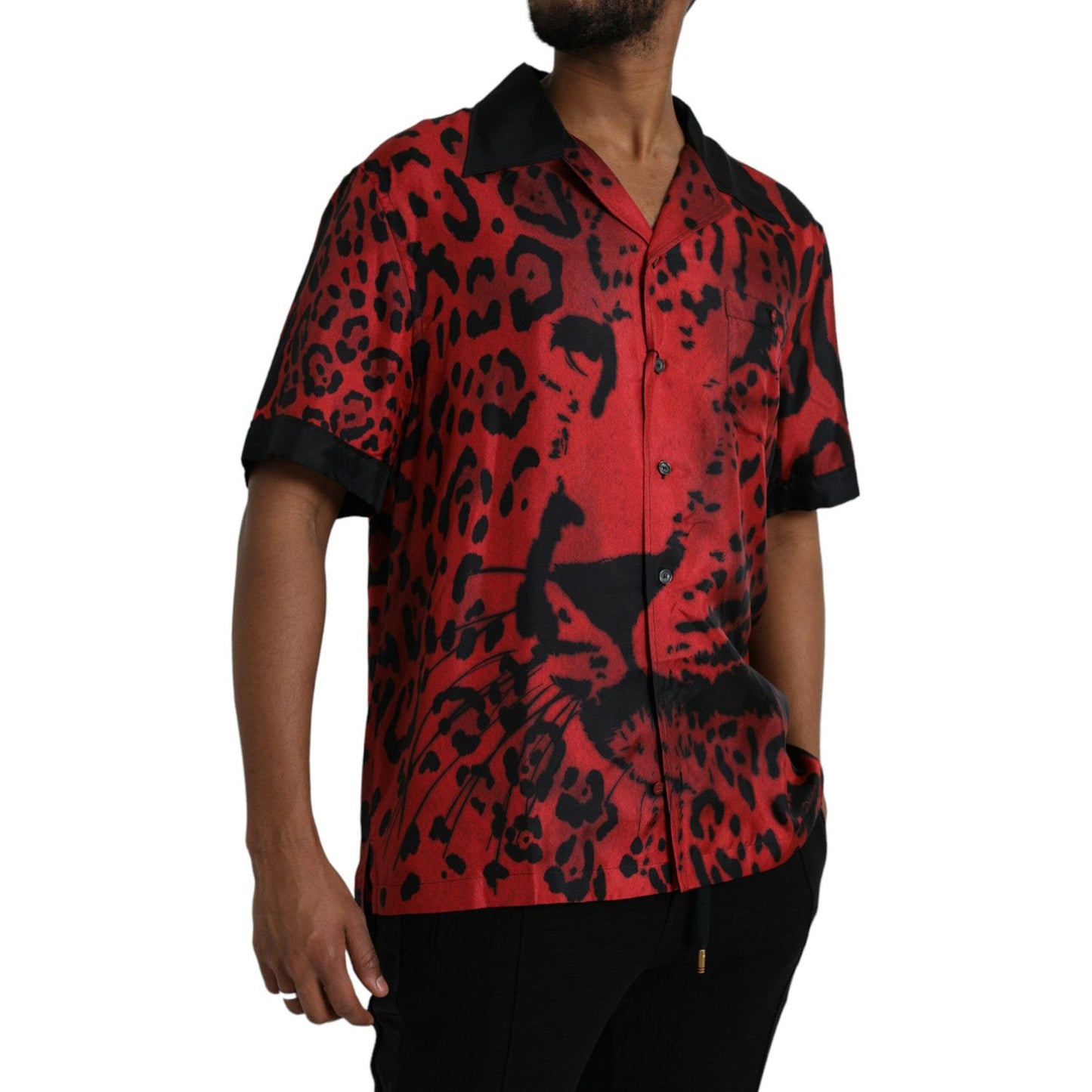 Red Leopard Silk Button Down Casual Shirt