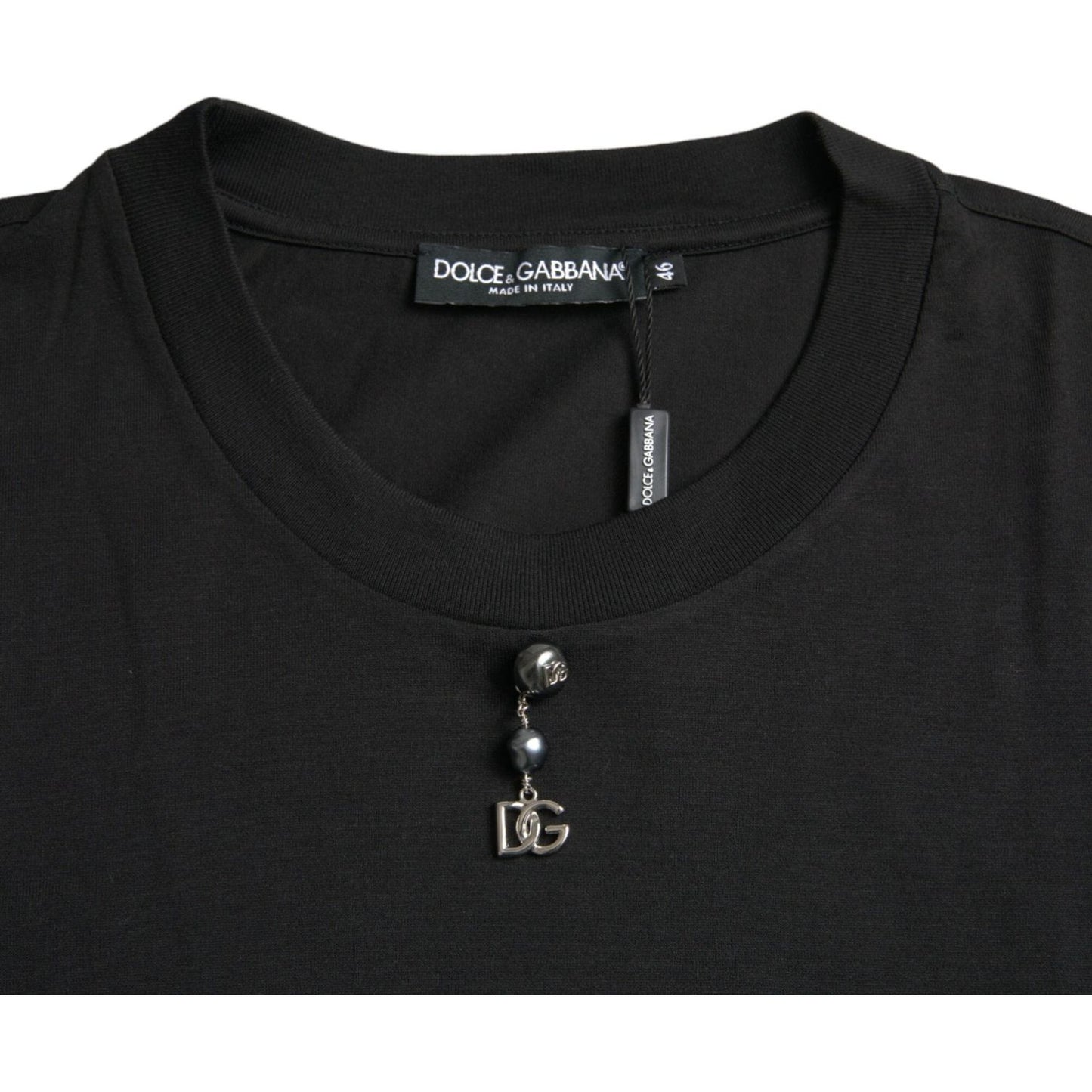 Black Embellished Cotton Crew Neck T-shirt