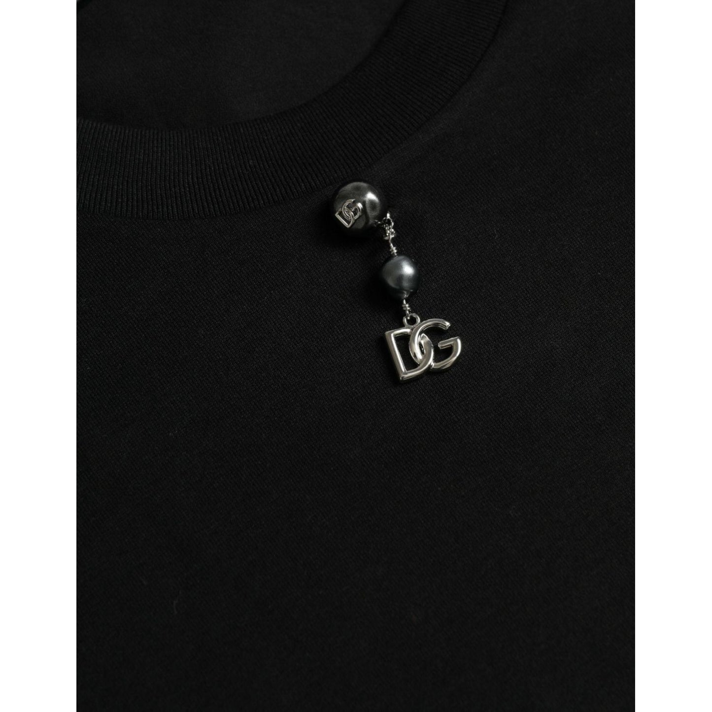 Black Embellished Cotton Crew Neck T-shirt