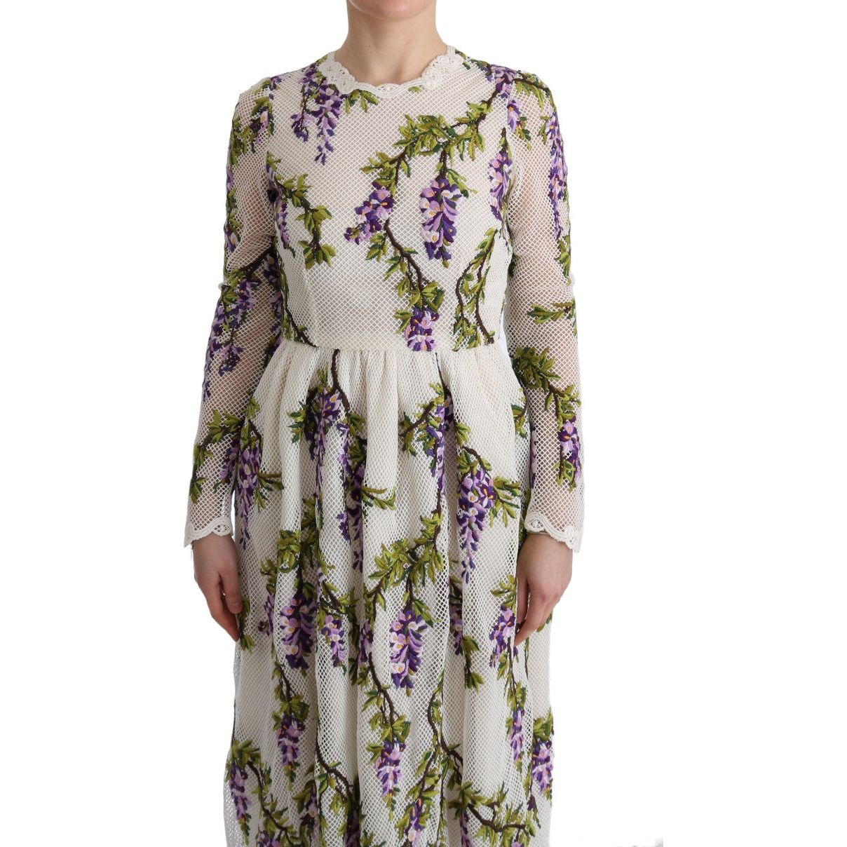 Dolce & Gabbana Elegant Maxi A-line Long Sleeve Dress white-floral-embroidered-maxi-dress