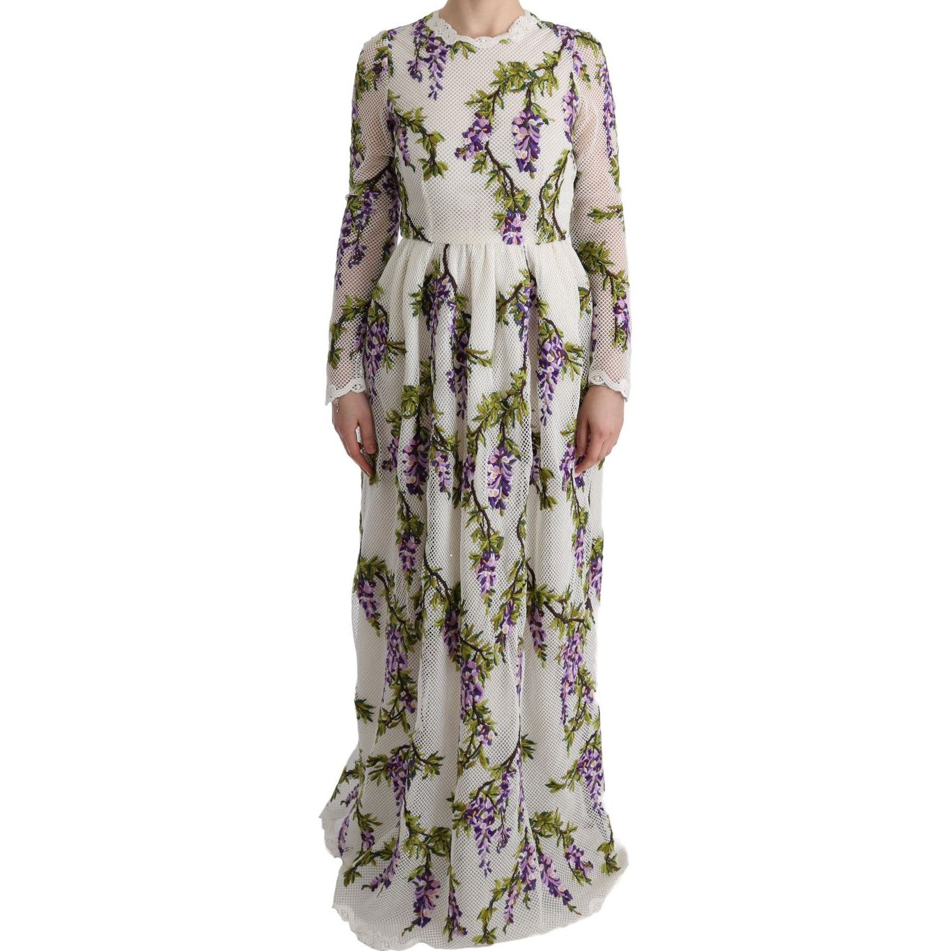 Dolce & Gabbana Elegant Maxi A-line Long Sleeve Dress white-floral-embroidered-maxi-dress
