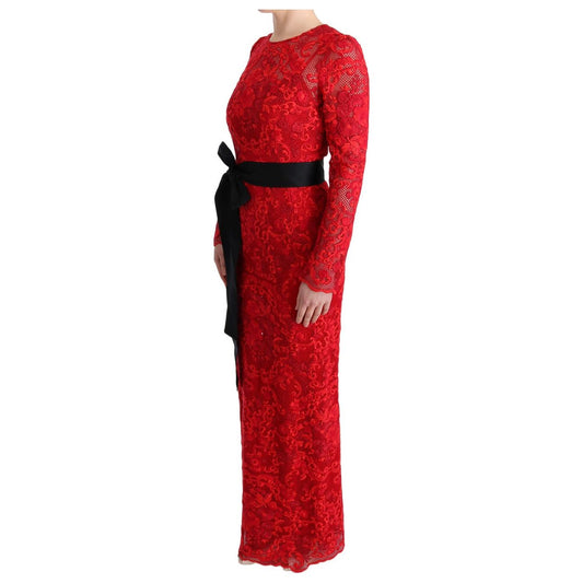 Dolce & Gabbana Elegant Red Sheath Dress with Silk Bow Belt WOMAN DRESSES red-floral-ricamo-sheath-long-dress