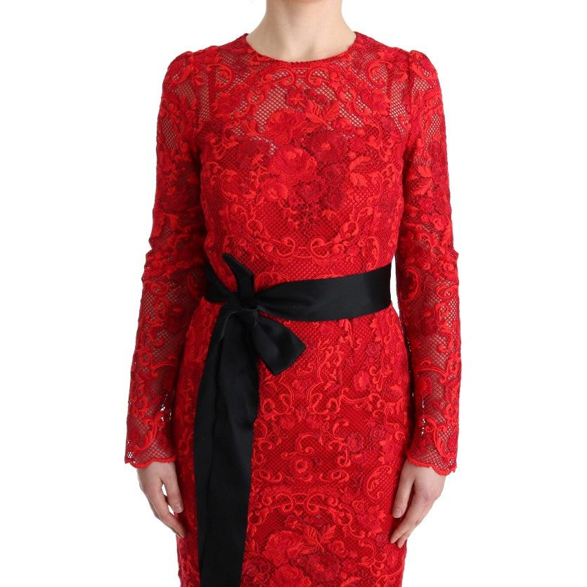 Elegant Red Sheath Dress with Silk Bow Belt